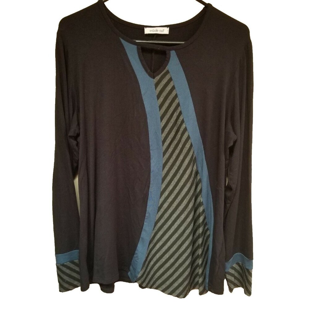 Inside Out Women Keyhole Neck Shirt Top Large Black Stripe Long Sleeve Pullover